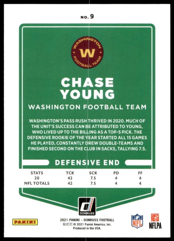 2021 Donruss Chase Young #9 (Back)