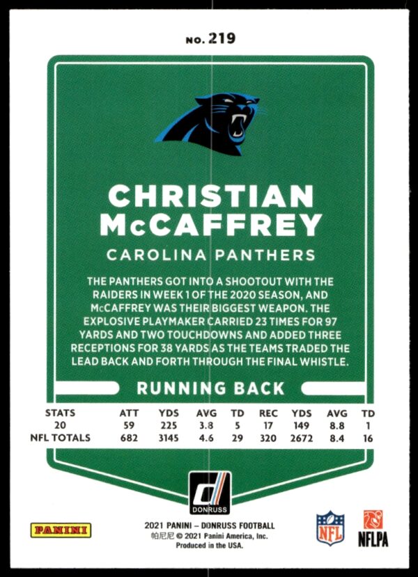 2021 Donruss Christian McCaffrey #219 (Back)