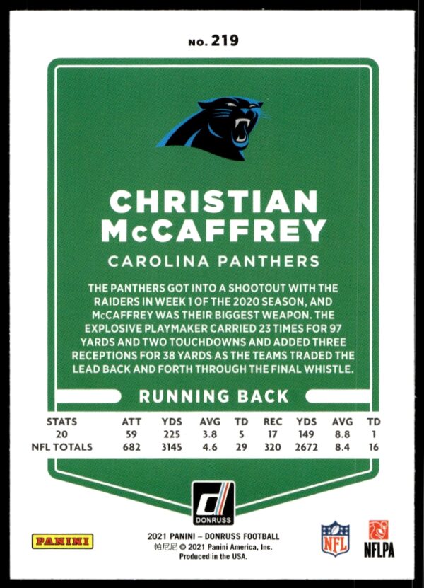 2021 Donruss Christian McCaffrey (No Helmet) #219 (Back)