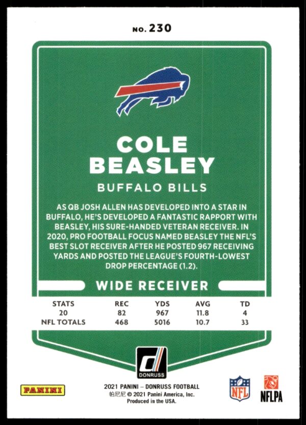 2021 Donruss Cole Beasley #230 (Back)