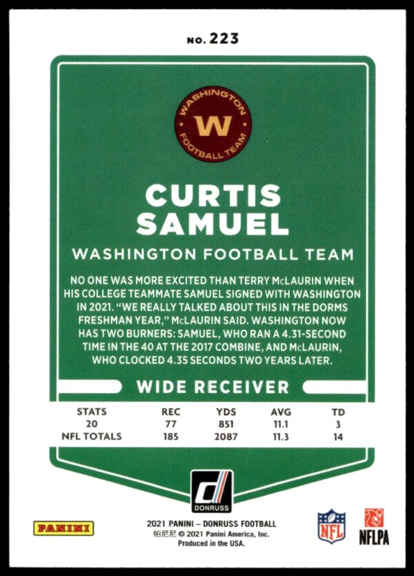 2021 Donruss Curtis Samuel #223 (Back)