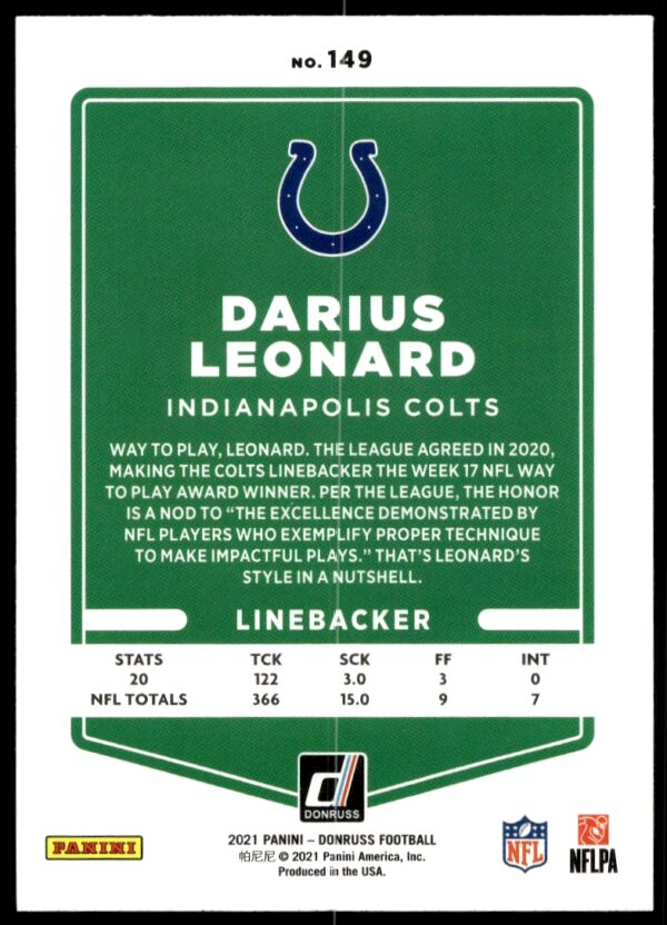 2021 Donruss Darius Leonard #149 (Back)