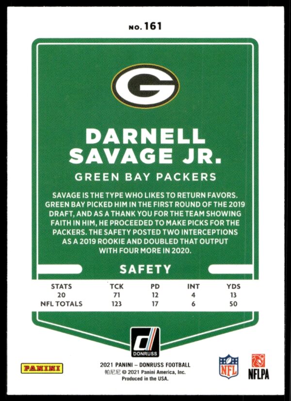 2021 Donruss Darnell Savage Jr. #161 (Back)