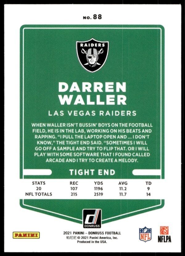 2021 Donruss Darren Waller #88 (Back)