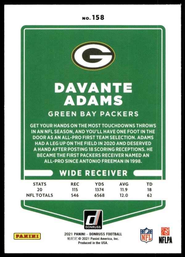 2021 Donruss Davante Adams (No Helmet) #158 (Back)