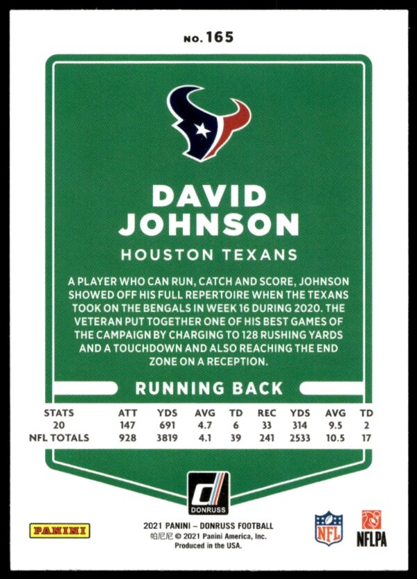 2021 Donruss David Johnson #165 (Back)