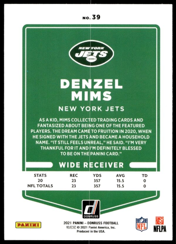 2021 Donruss Denzel Mims #39 (Back)