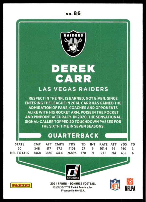 2021 Donruss Derek Carr #86 (Back)