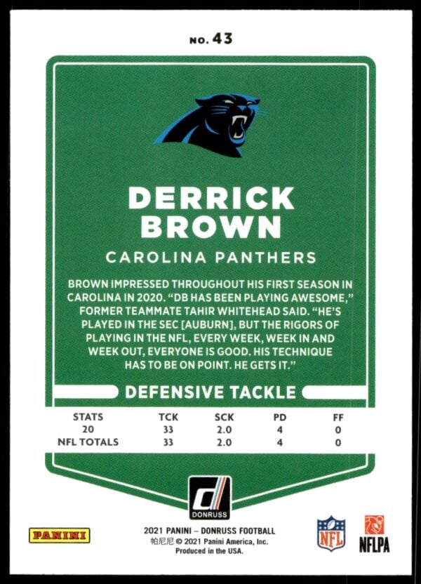 2021 Donruss Derrick Brown #43 (Back)