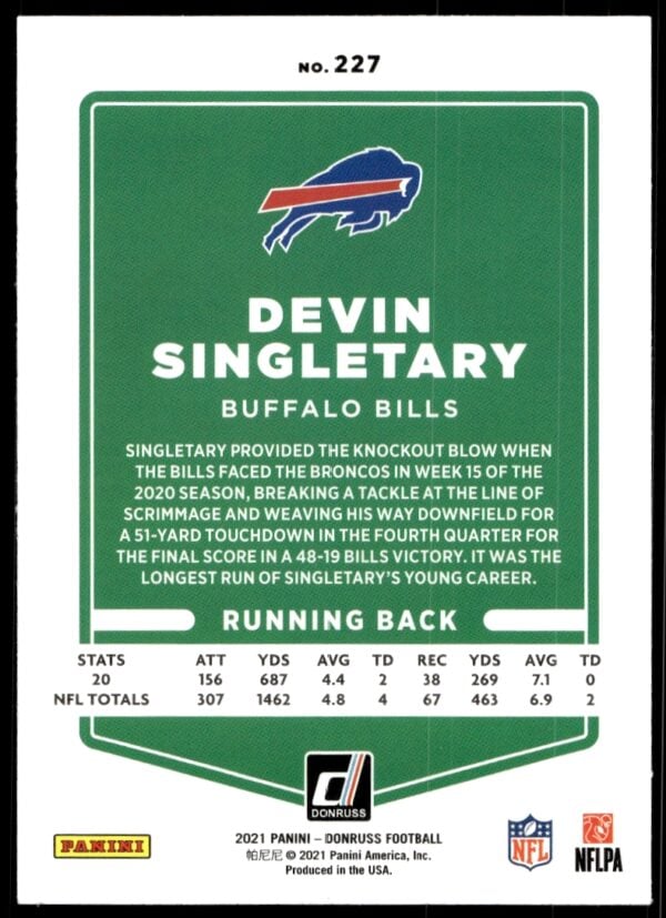 2021 Donruss Devin Singletary #227 (Back)