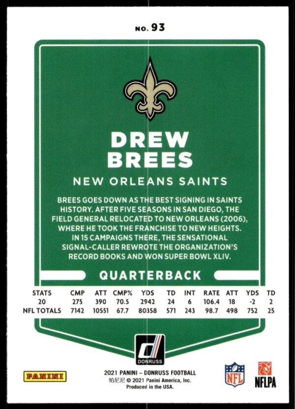 2021 Donruss Drew Brees #93 (Back)