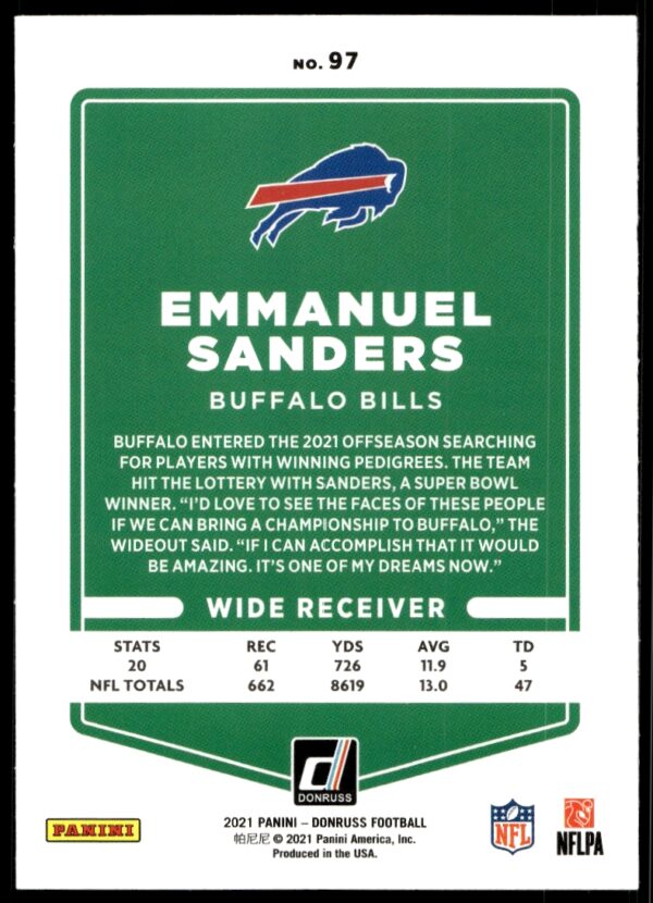 2021 Donruss Emmanuel Sanders #97 (Back)