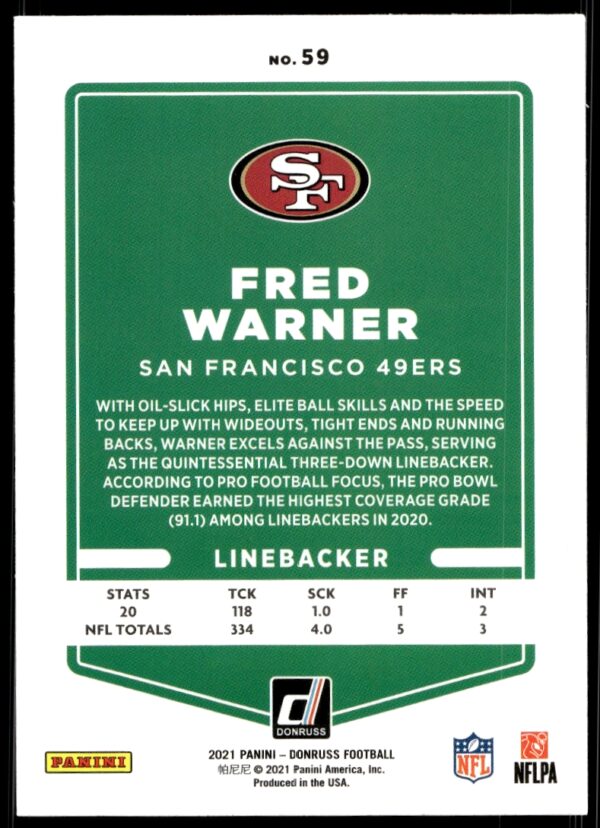 2021 Donruss Fred Warner #59 (Back)