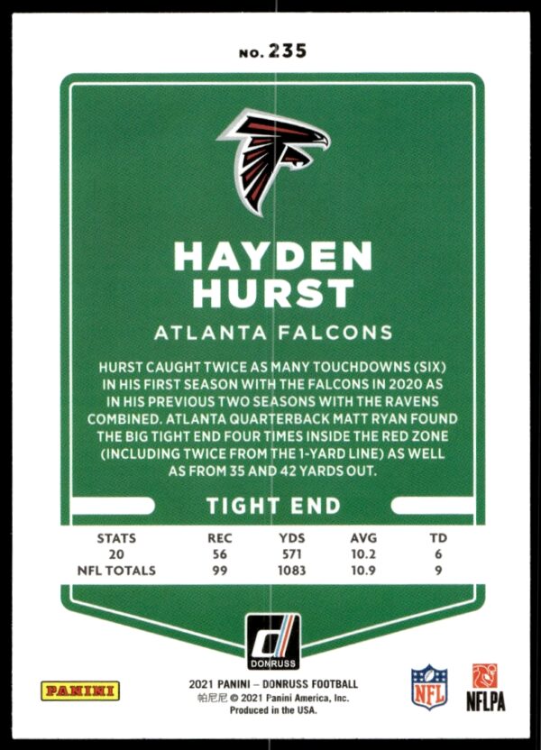 2021 Donruss Hayden Hurst #235 (Back)