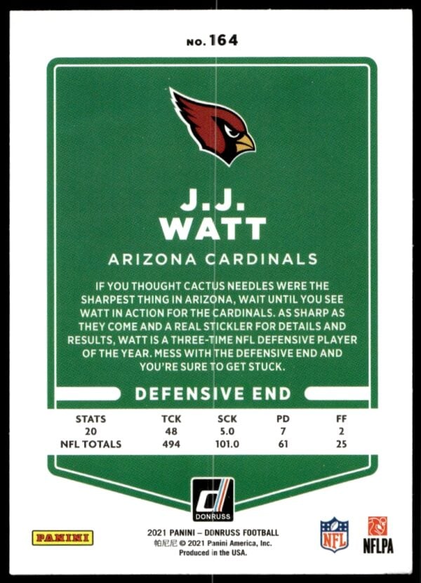 2021 Donruss J.J. Watt #164 (Back)