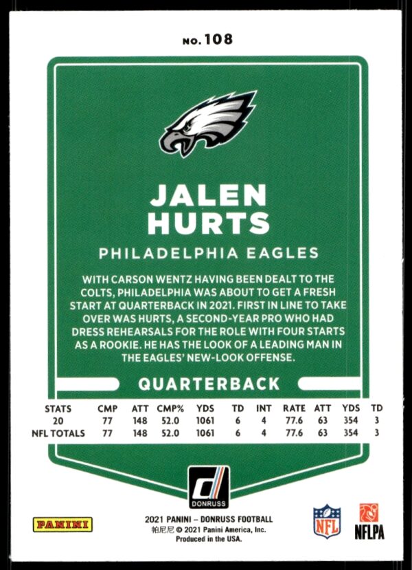 2021 Donruss Jalen Hurts #108 (Back)