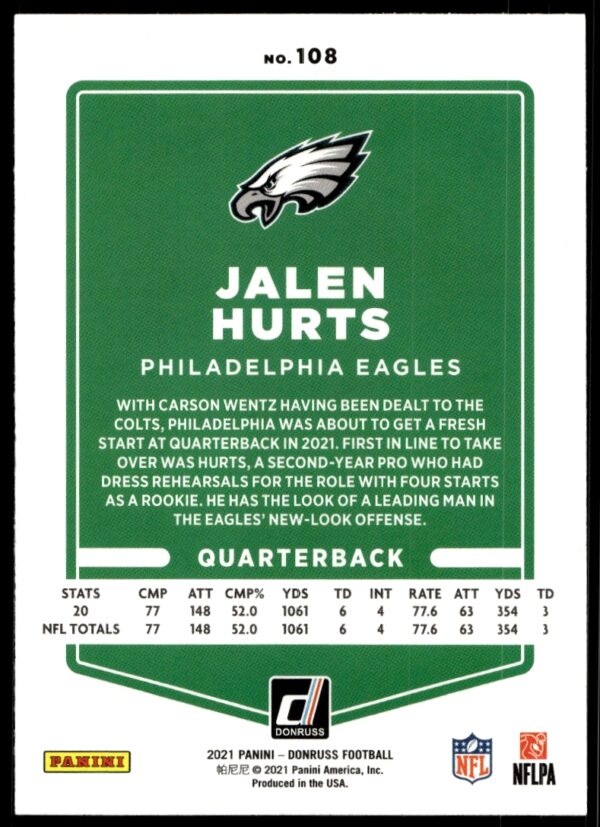 2021 Donruss Jalen Hurts (No Helmet) #108 (Back)