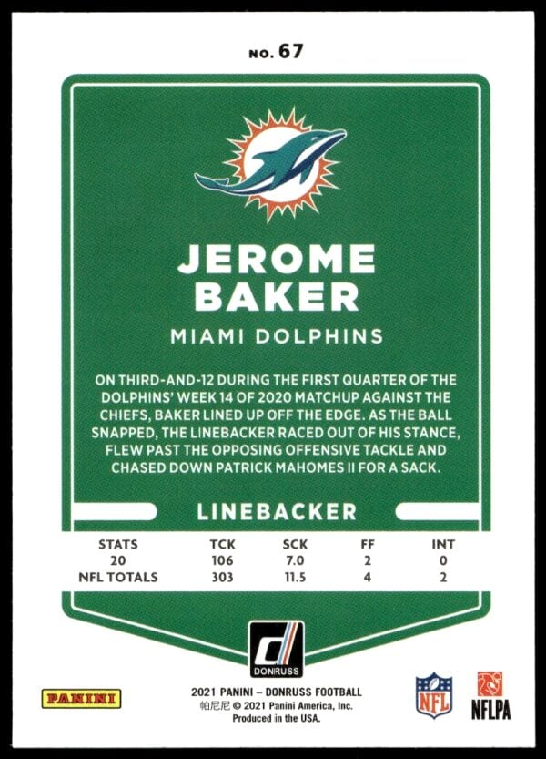 2021 Donruss Jerome Baker #67 (Back)