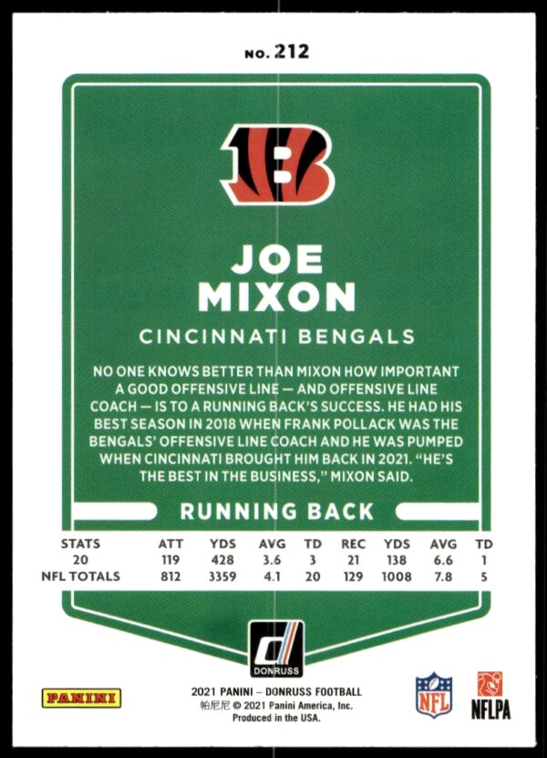 2021 Donruss Joe Mixon #212 (Back)