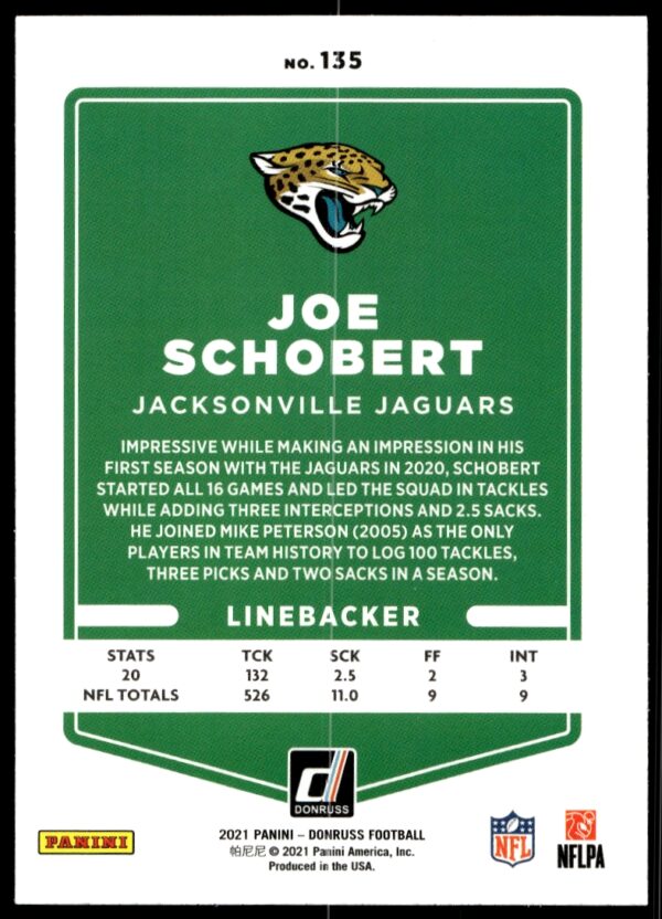 2021 Donruss Joe Schobert #135 (Back)