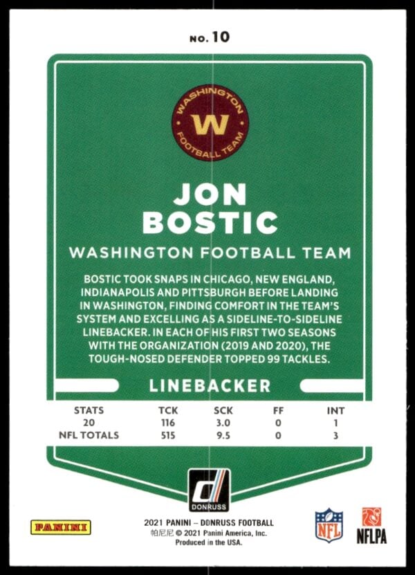 2021 Donruss Jon Bostic #10 (Back)