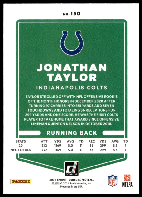 2021 Donruss Jonathan Taylor #150 (Back)