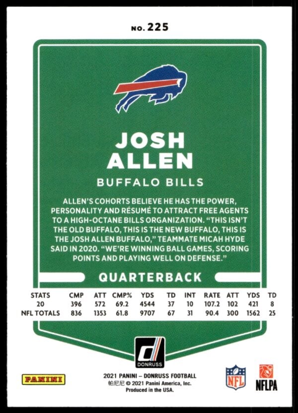 2021 Donruss Josh Allen #225 (Back)