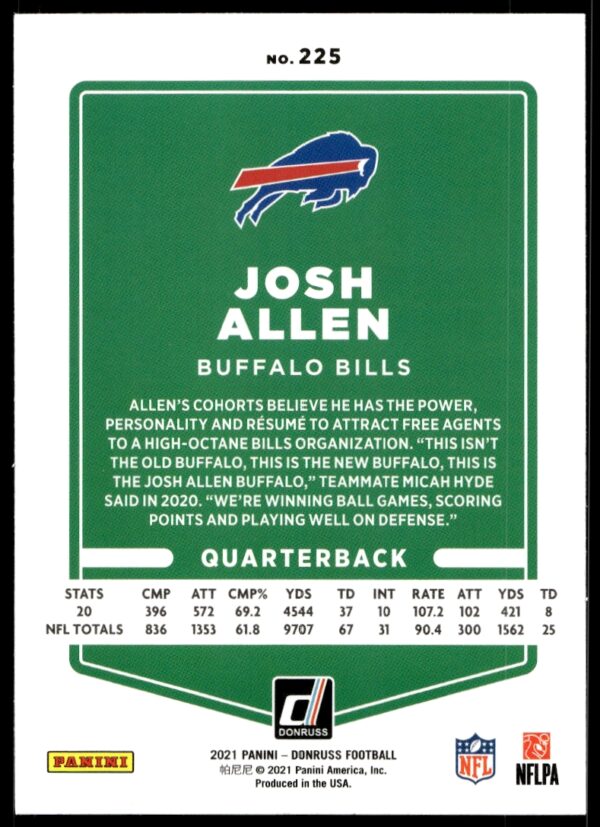 2021 Donruss Josh Allen (No Helmet) #225 (Back)