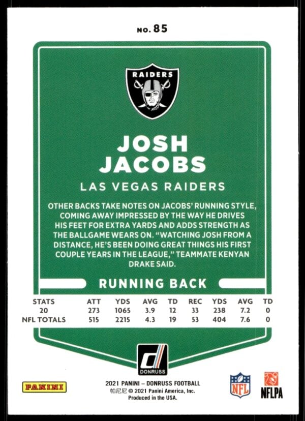 2021 Donruss Josh Jacobs #85 (Back)