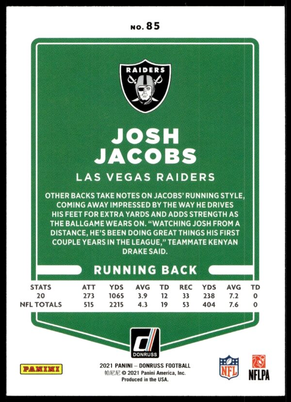 2021 Donruss Josh Jacobs (No Helmet) #85 (Back)