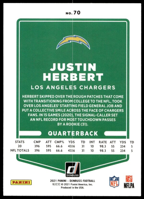 2021 Donruss Justin Herbert #70 (Back)