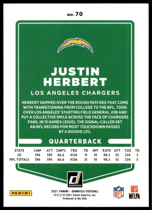 2021 Donruss Justin Herbert (No Helmet) #70 (Back)