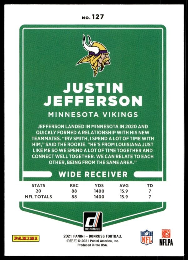 2021 Donruss Justin Jefferson (No Helmet) #127 (Back)