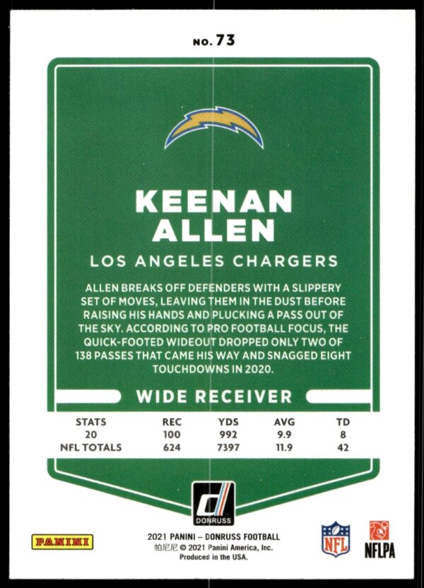 2021 Donruss Keenan Allen #73 (Back)