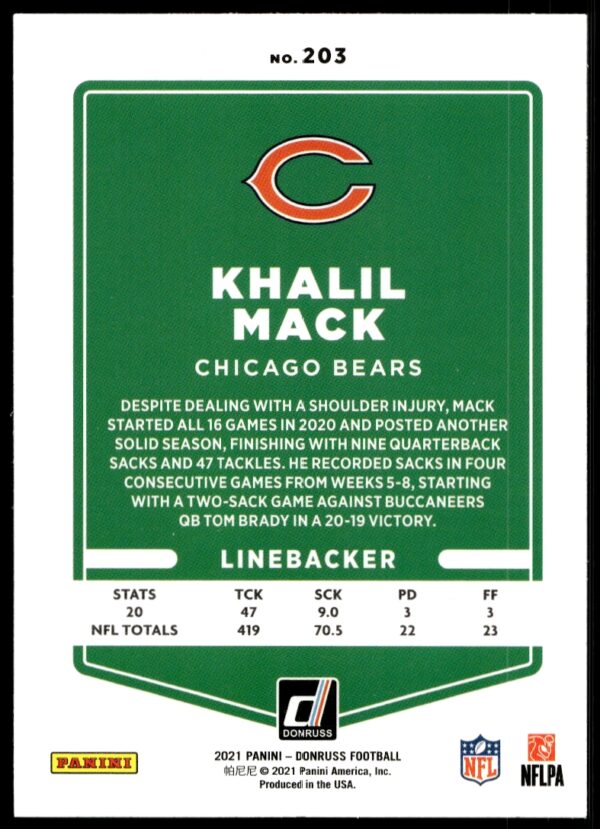 2021 Donruss Khalil Mack (No Helmet) #203 (Back)