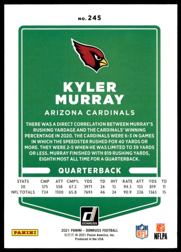 2021 Donruss Kyler Murray Press Proof Red #245 (Back)