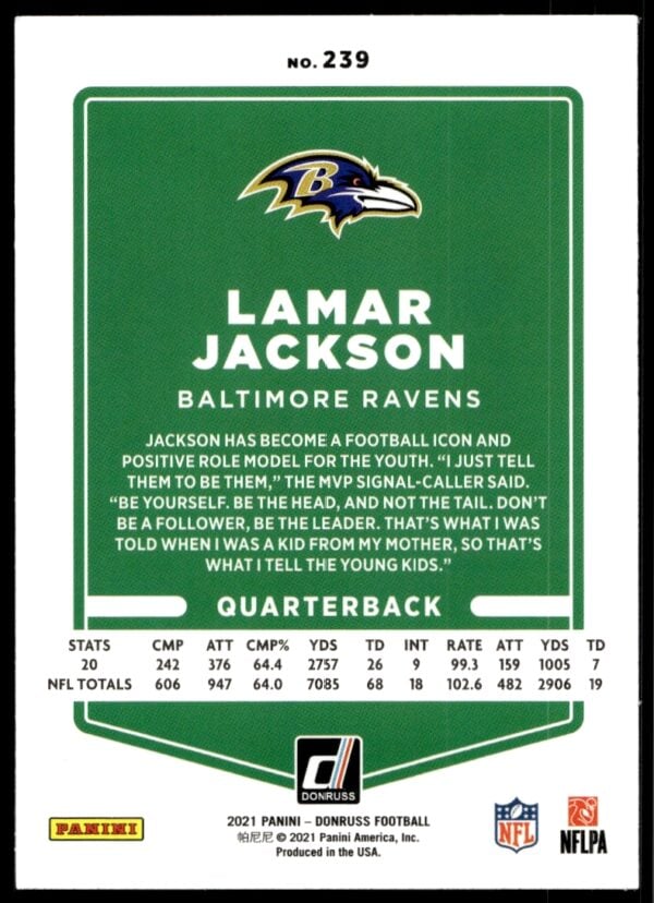 2021 Donruss Lamar Jackson #239 (Back)