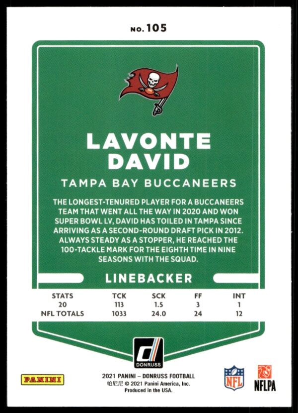 2021 Donruss Lavonte David #105 (Back)