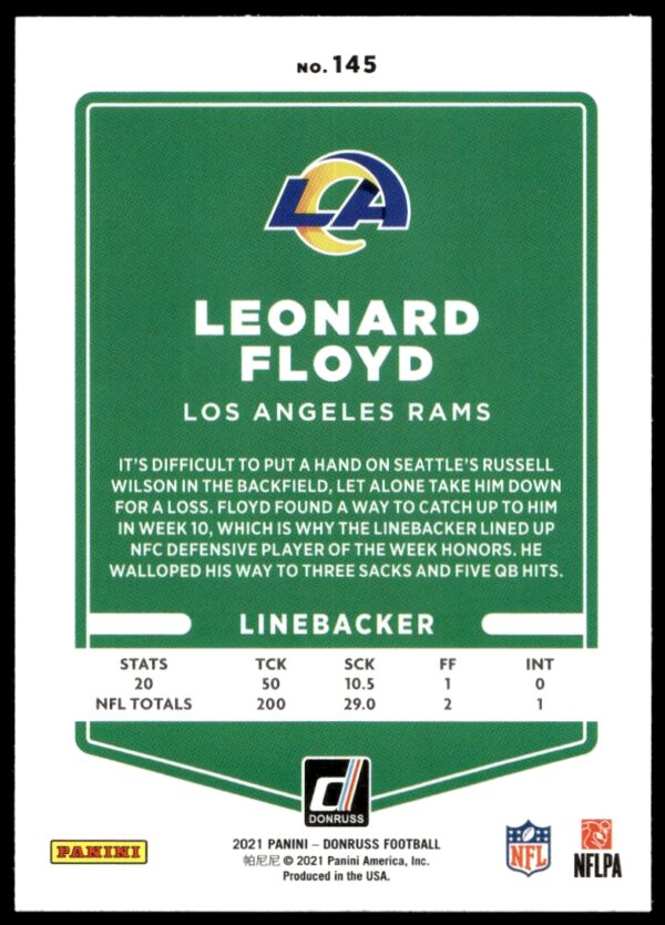 2021 Donruss Leonard Floyd #145 (Back)