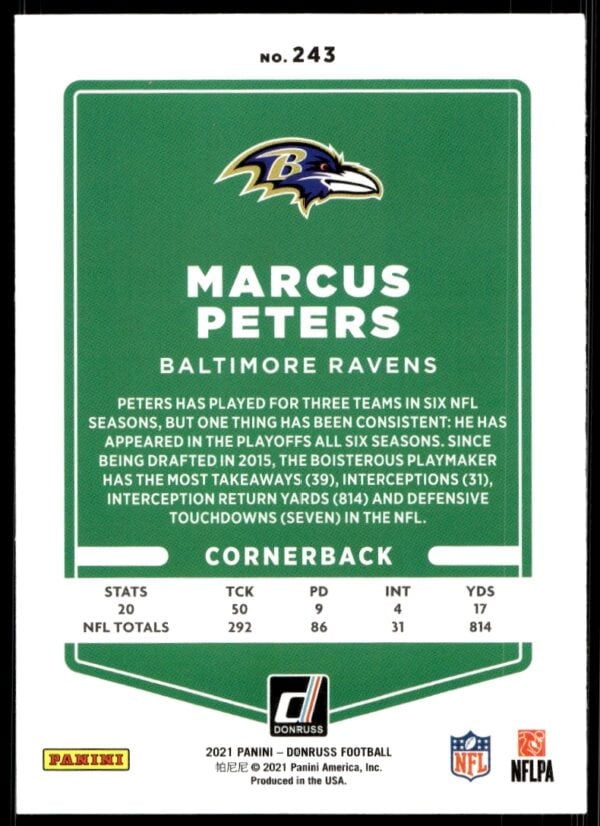 2021 Donruss Marcus Peters #243 (Back)