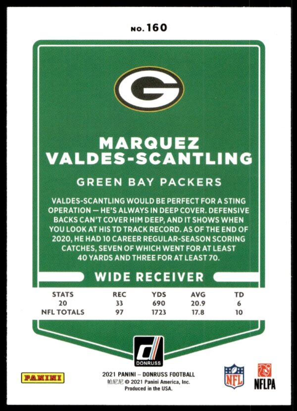 2021 Donruss Marquez Valdes-Scantling #160 (Back)