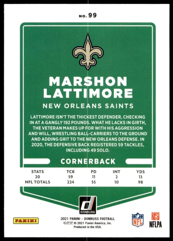 2021 Donruss Marshon Lattimore #99 (Back)