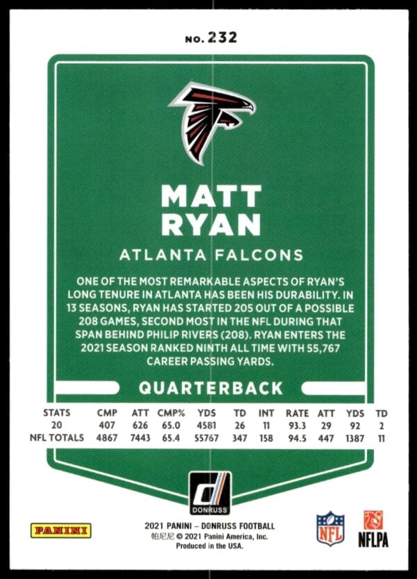 2021 Donruss Matt Ryan #232 (Back)