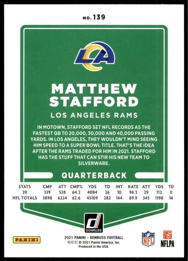 2021 Donruss Matthew Stafford #139 (Back)