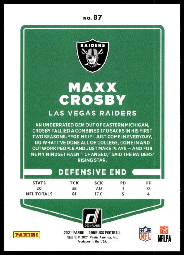 2021 Donruss Maxx Crosby #87 (Back)