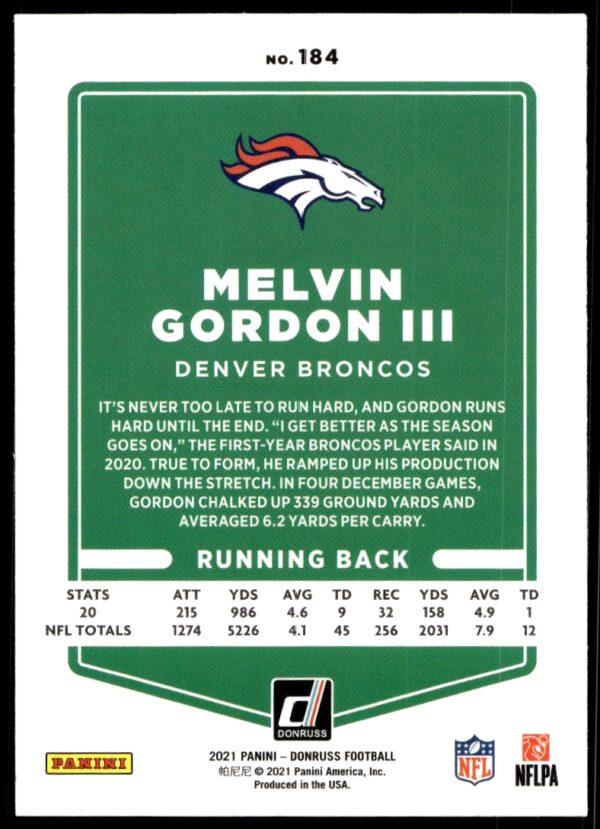 2021 Donruss Melvin Gordon III #184 (Back)