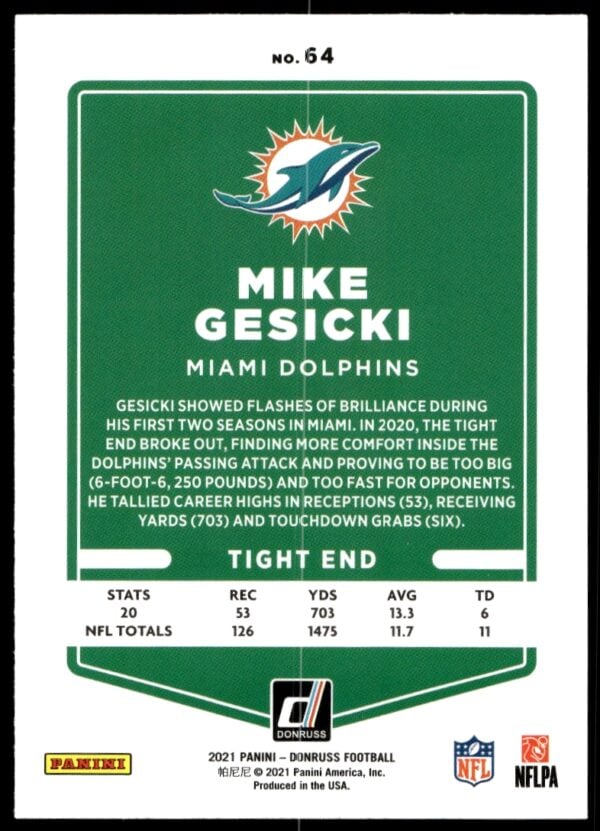 2021 Donruss Mike Gesicki #64 (Back)