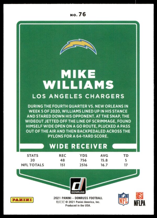 2021 Donruss Mike Williams #76 (Back)