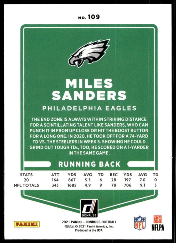 2021 Donruss Miles Sanders #109 (Back)