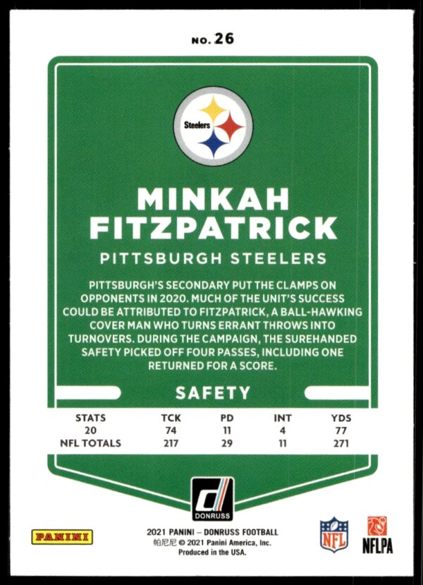 2021 Donruss Minkah Fitzpatrick #26 (Back)